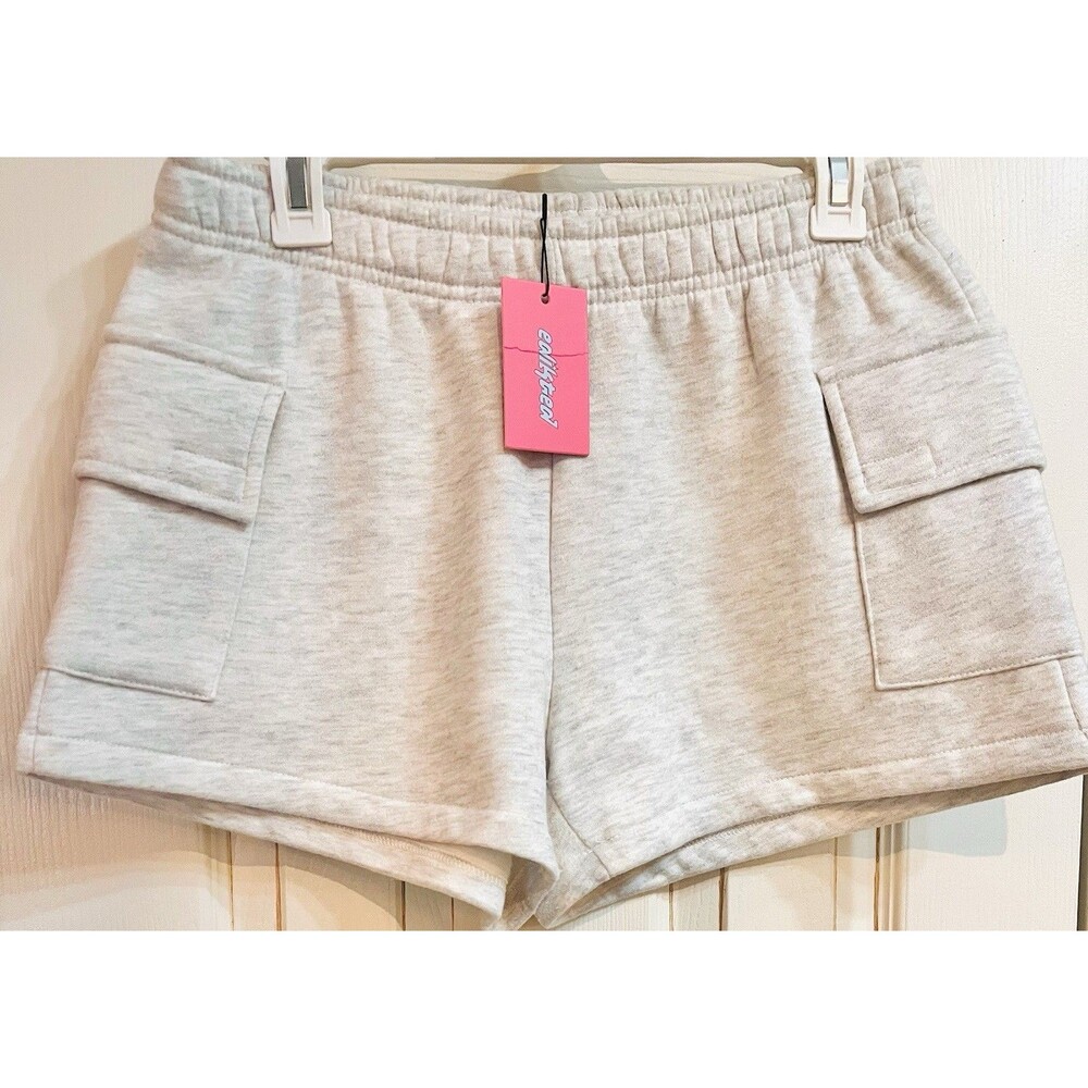 Edikted Women’s Cargo Sweat Shorts Light Gray NWT Size M 100% Cotton Elastic